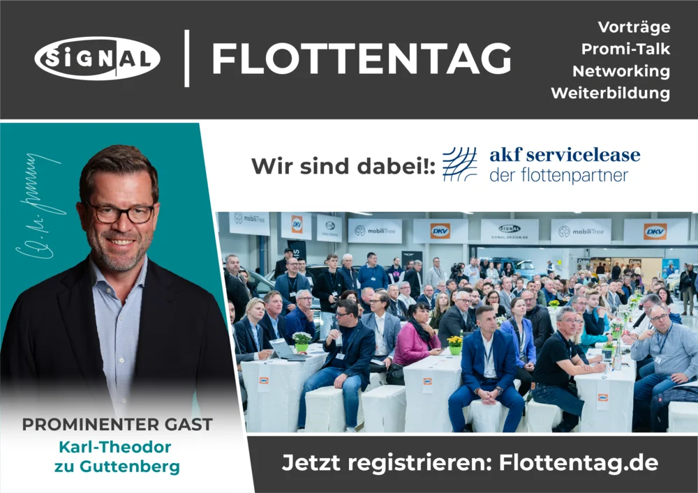 Porträt eines Mannes mit dunklem Sakko und hellblauem Hemd neben einem Foto eines Publikums bei einer Veranstaltung mit Banner akf servicelease der flottenpartner