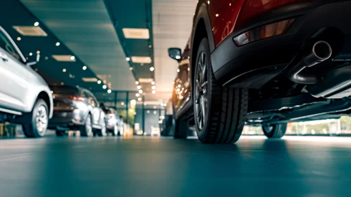 Innenansicht eines modernen Autohauses, mit glänzenden Neuwagen