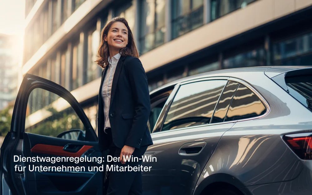 Frau in Businesskleidung steht mit geöffneter Autotür neben einem grauen Kombi auf einem Parkplatz vor einem modernen Bürogebäude