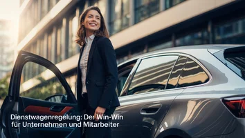 Frau in Businesskleidung steht mit geöffneter Autotür neben einem grauen Kombi auf einem Parkplatz vor einem modernen Bürogebäude