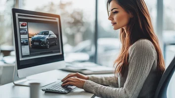 Frau sitzt an Schreibtisch und arbeitet an Computer mit Autodesign auf Bildschirm