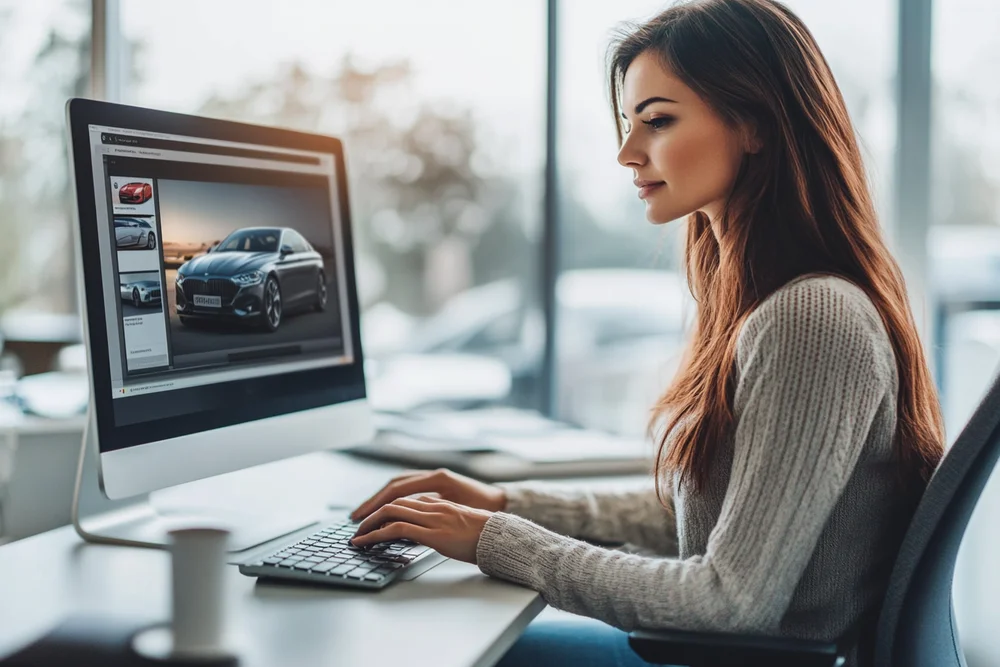 Frau sitzt an Schreibtisch und arbeitet an Computer mit Autodesign auf Bildschirm