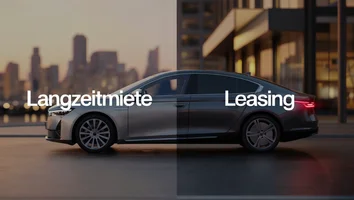 Seitenansicht eines modernen silbernen Autos vor einer Stadtlandschaft mit den Worten Langzeitmiete und Leasing über dem Fahrzeug