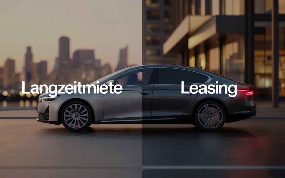 Seitenansicht eines modernen silbernen Autos vor einer Stadtlandschaft mit den Worten Langzeitmiete und Leasing über dem Fahrzeug