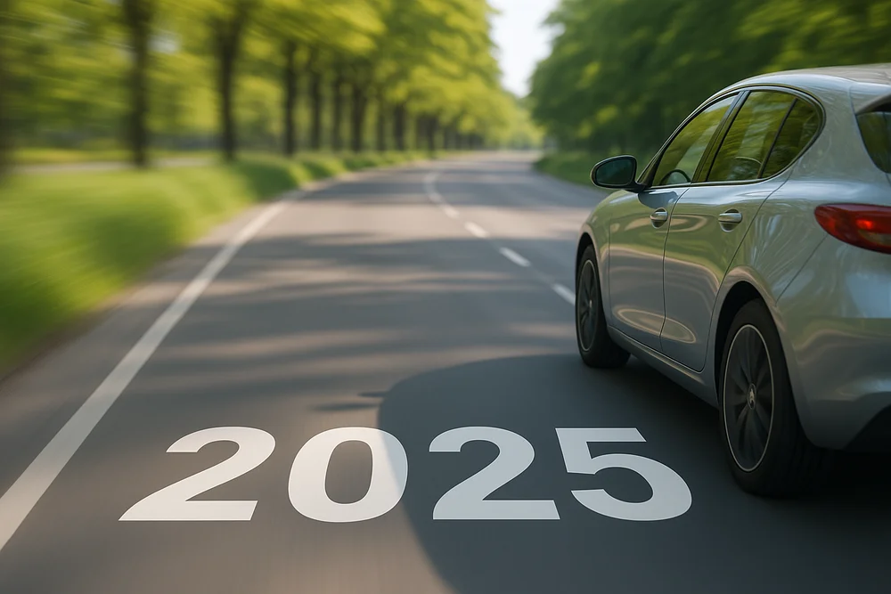 Auto fährt auf einer von Bäumen gesäumten Landstraße mit der Zahl 2025 auf der Fahrbahn