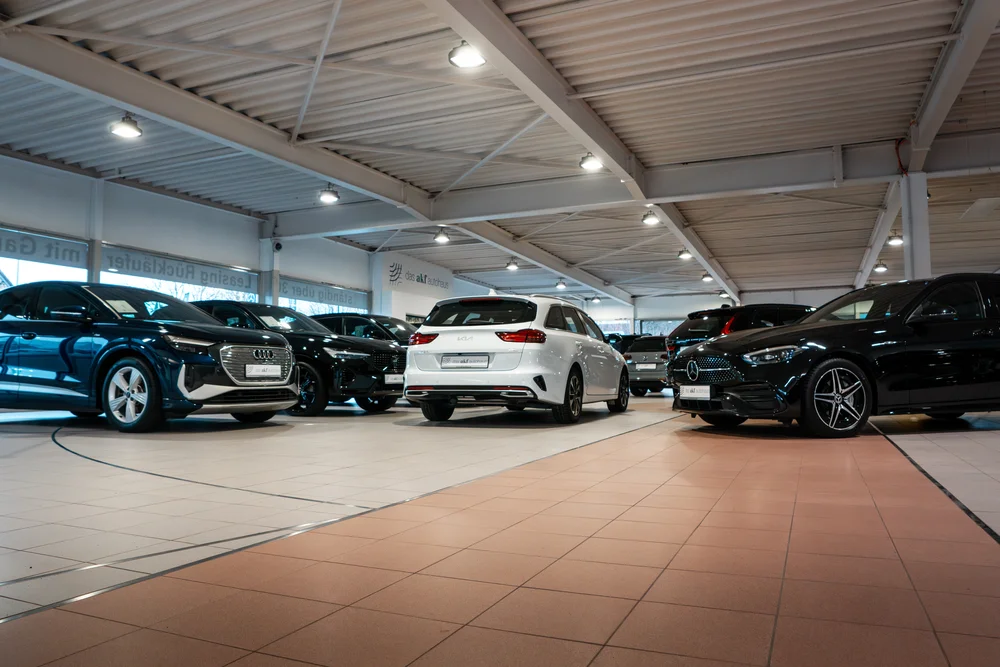 Mehrere Neuwagen verschiedener Marken stehen in einer hell beleuchteten Autohalle auf gefliesten Böden