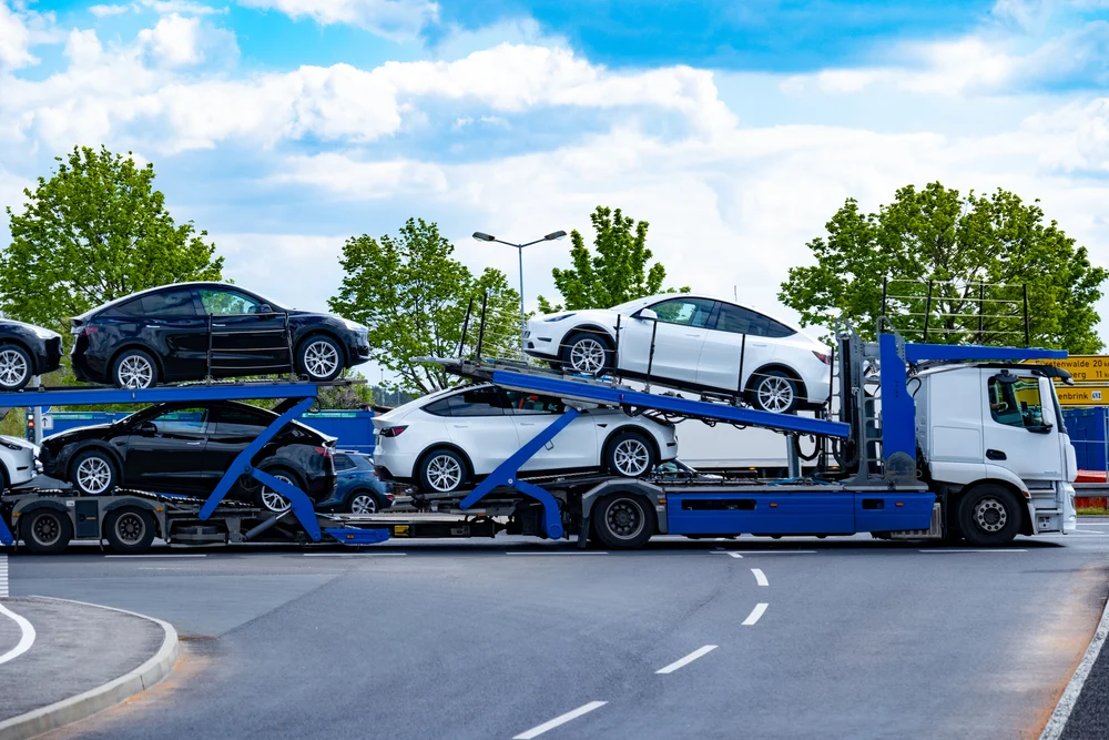 Autotransporter mit mehreren Elektroautos der Marke Tesla auf einer Straße vor Bäumen
