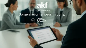 Person hält Tablet mit unscharfem Bildschirm, im Hintergrund drei Personen in Besprechungssituation