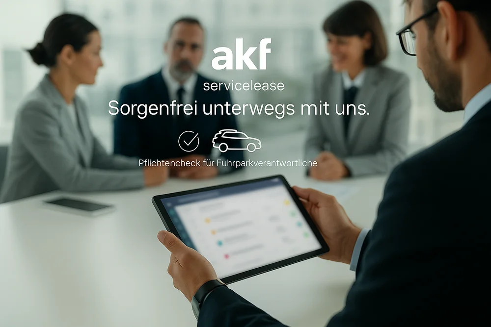 Person hält Tablet mit unscharfem Bildschirm, im Hintergrund drei Personen in Besprechungssituation